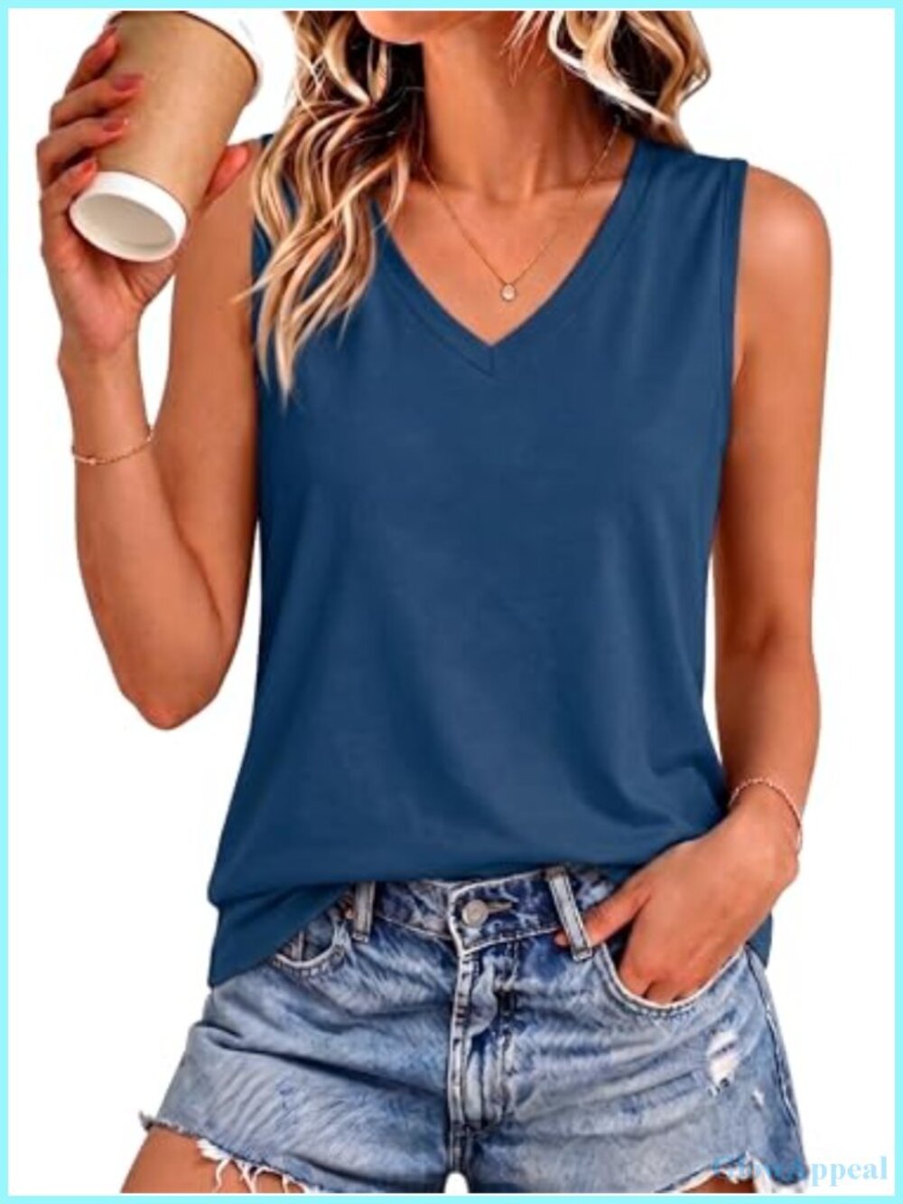 Womens Sleeveless V Neck Tank Top Loose Fit Tunic Cotton Blend Summer